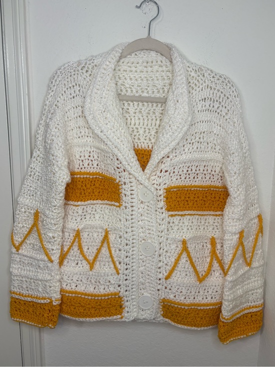 Sweaters - Handmade Knit Crochet Cardigan Sweater Mustard Yellow & Cream Boho